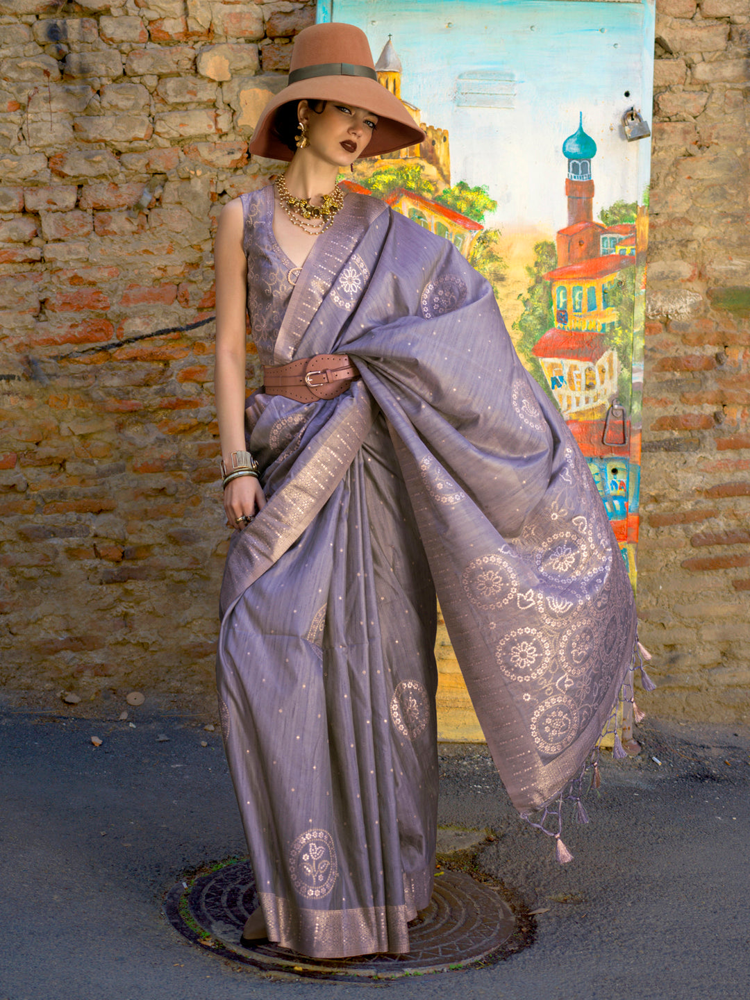 Silk Blend Violet Woven Design Designer Saree With Blouse