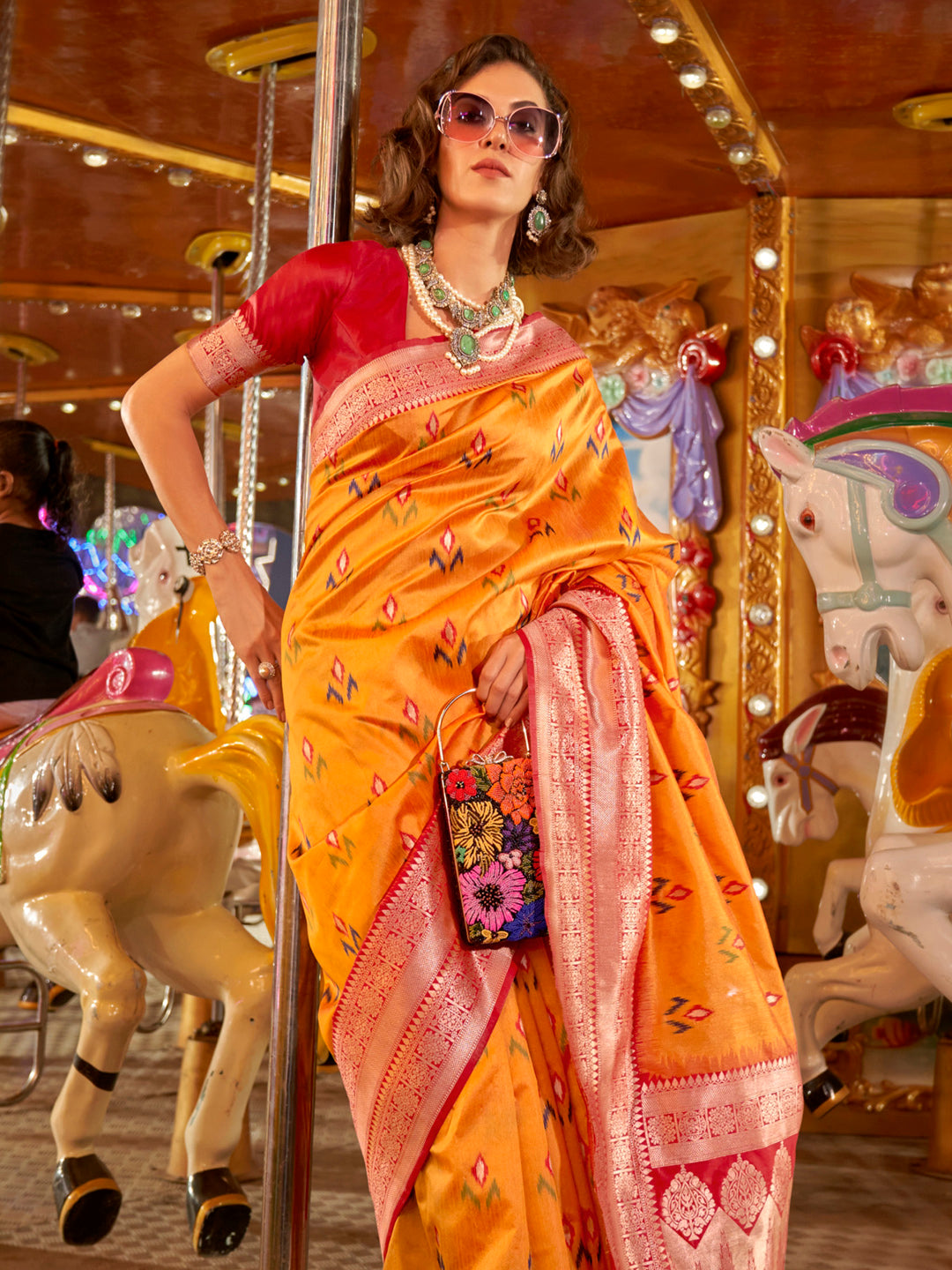 Silk Blend Yellow Woven Design Designer Saree With Blouse