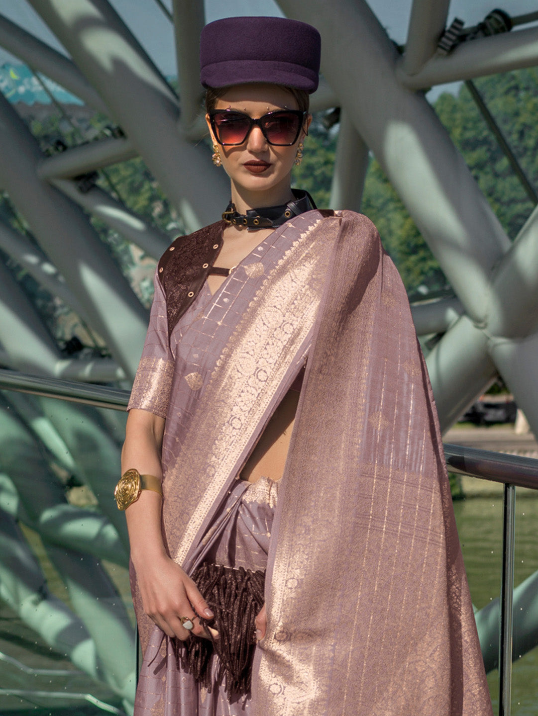 Silk Blend Mauve Woven Design Designer Saree With Blouse