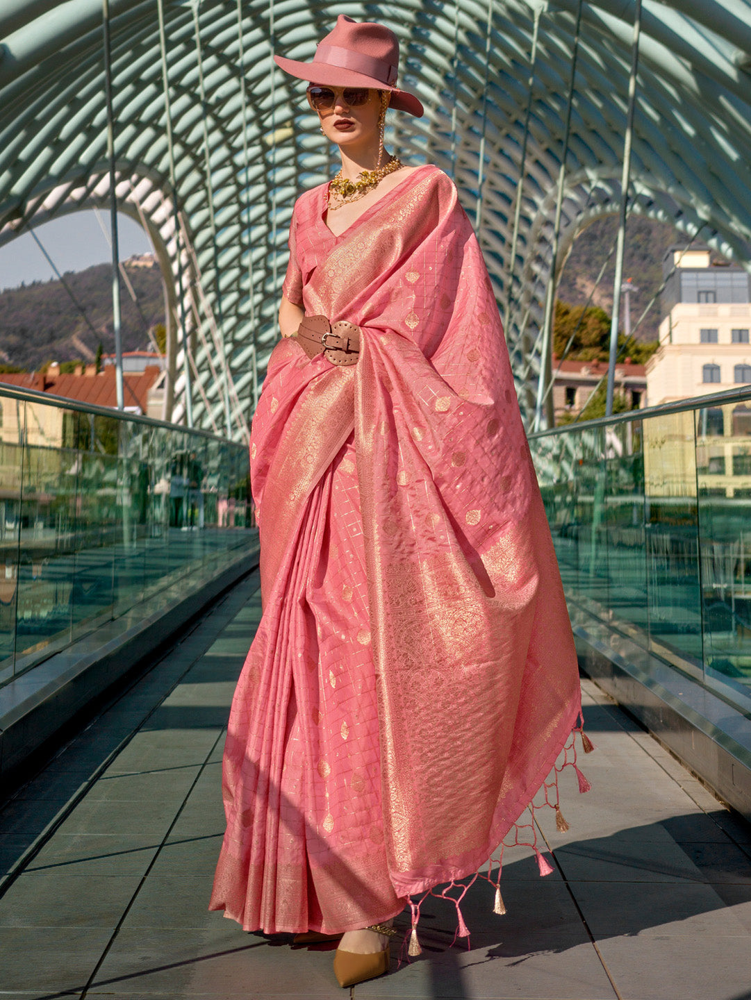 Silk Blend Pink Woven Design Designer Saree With Blouse