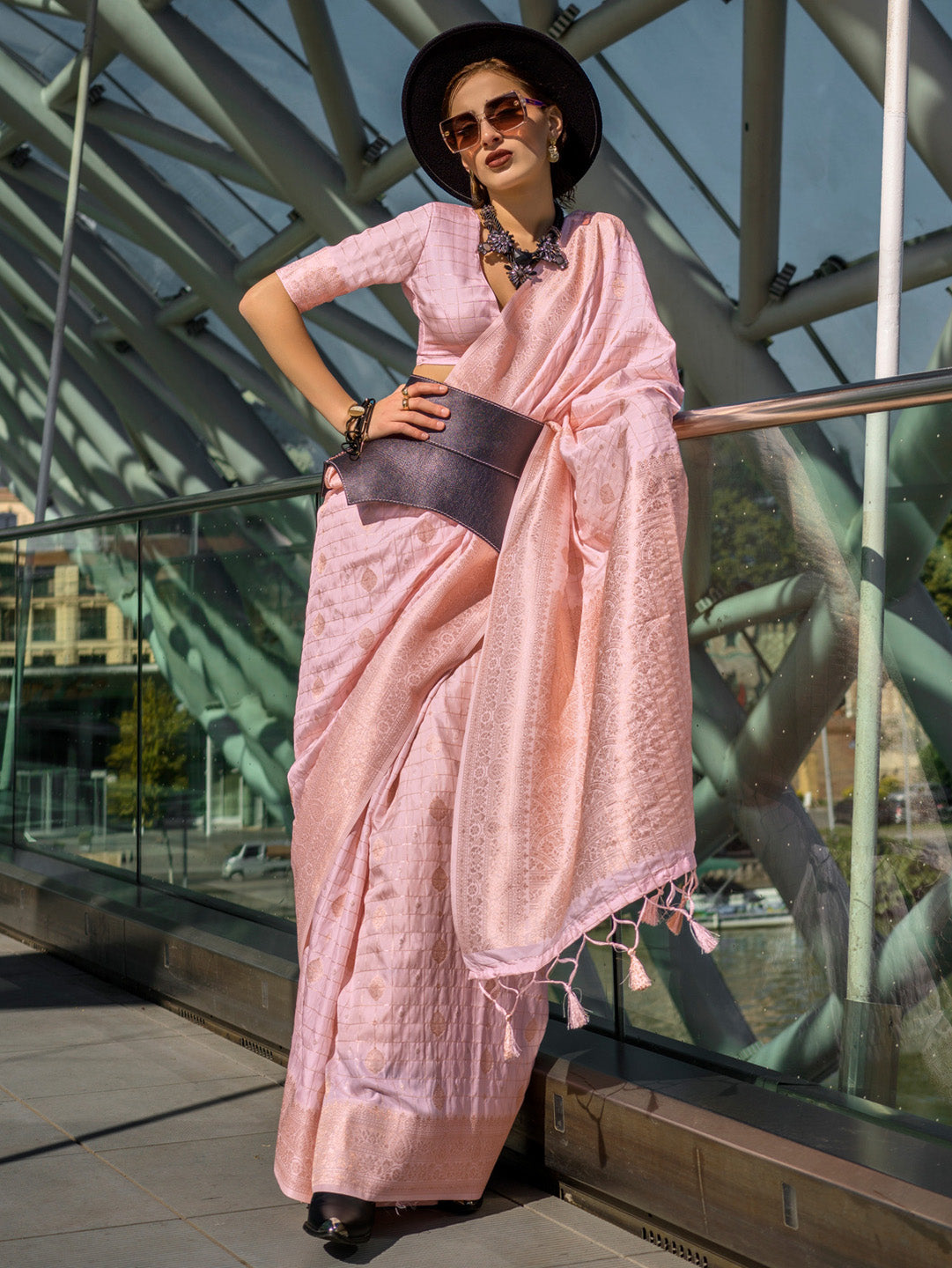 Silk Blend Pink Woven Design Designer Saree With Blouse