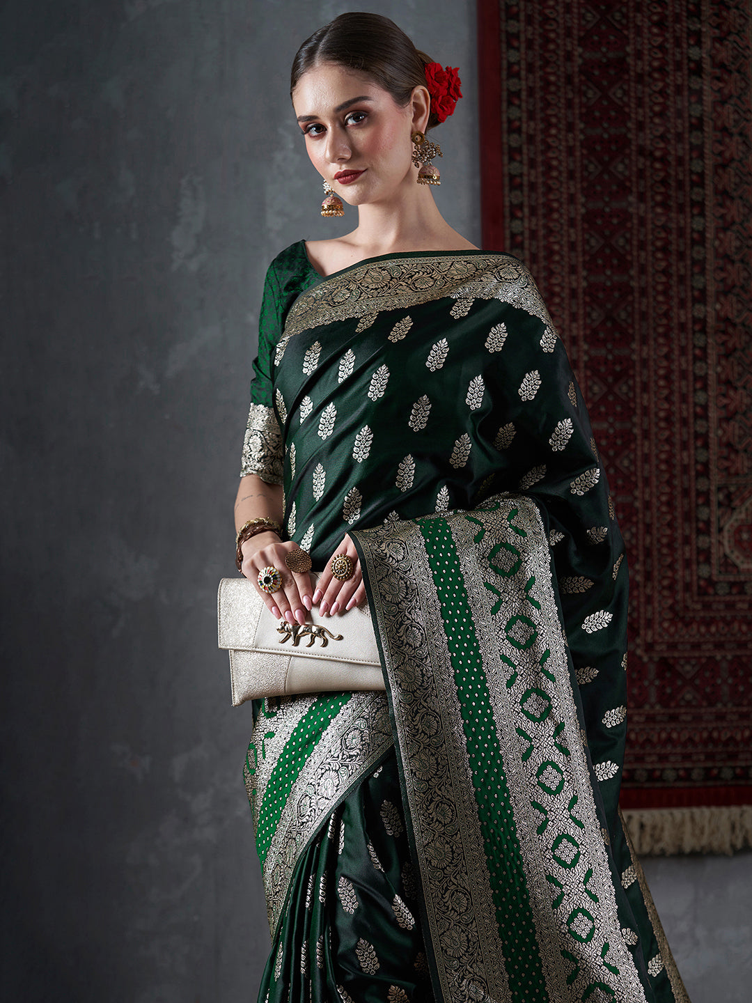 Satin Silk Green Woven Design Designer Saree With Blouse