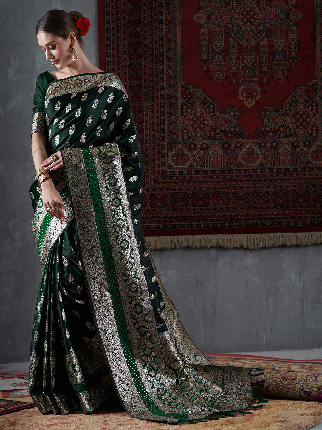 Satin Silk Green Woven Design Designer Saree With Blouse