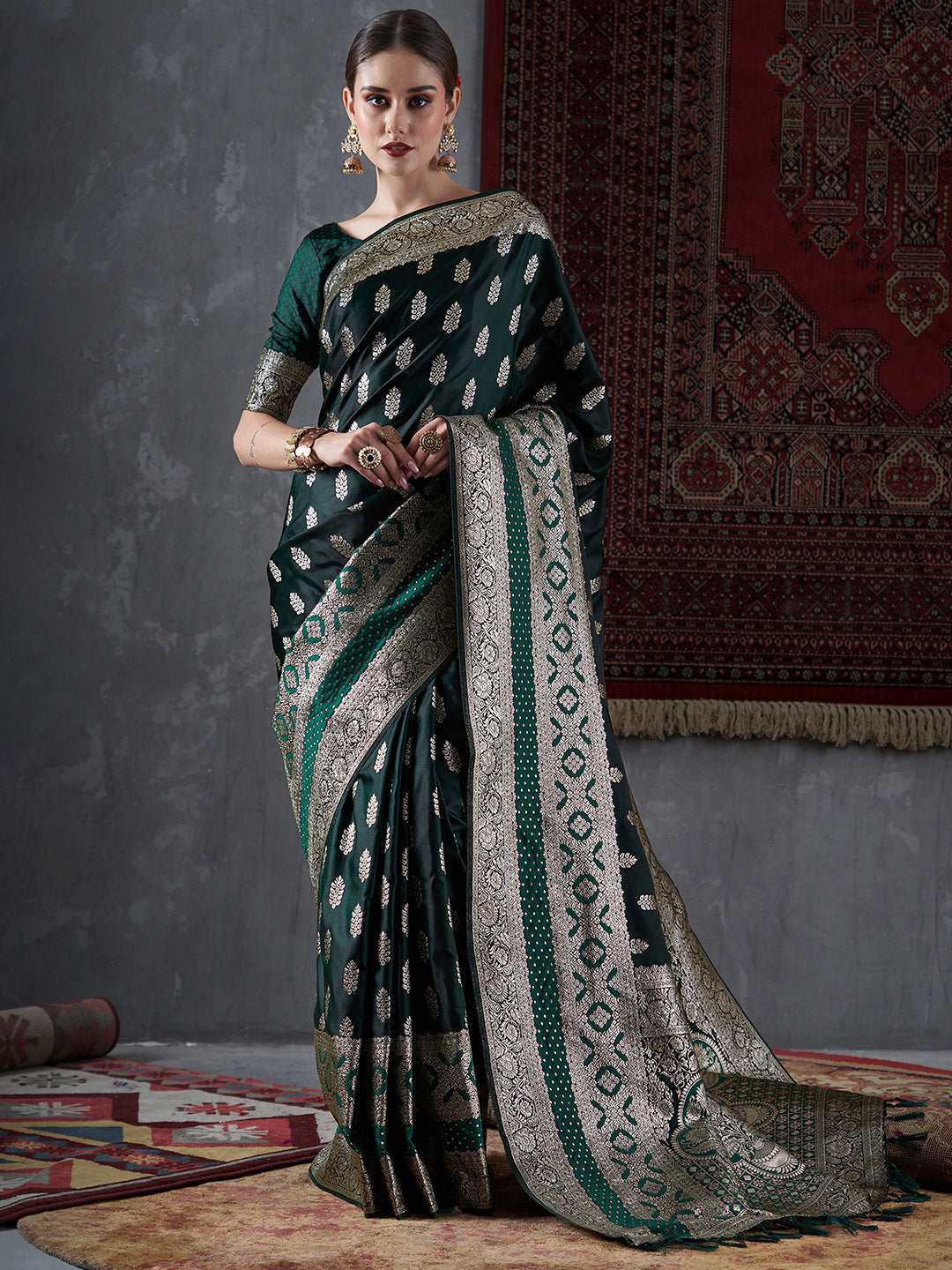 Satin Silk Green Woven Design Designer Saree With Blouse