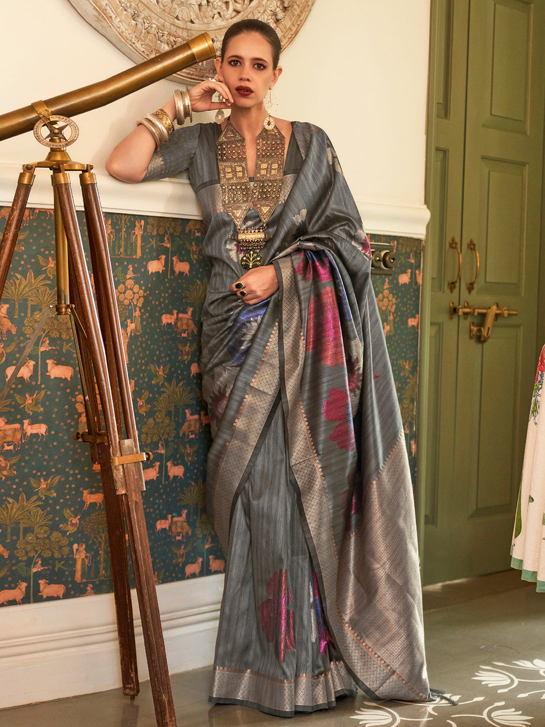 Silk Blend Grey Woven Design Celebrity Saree With Blouse