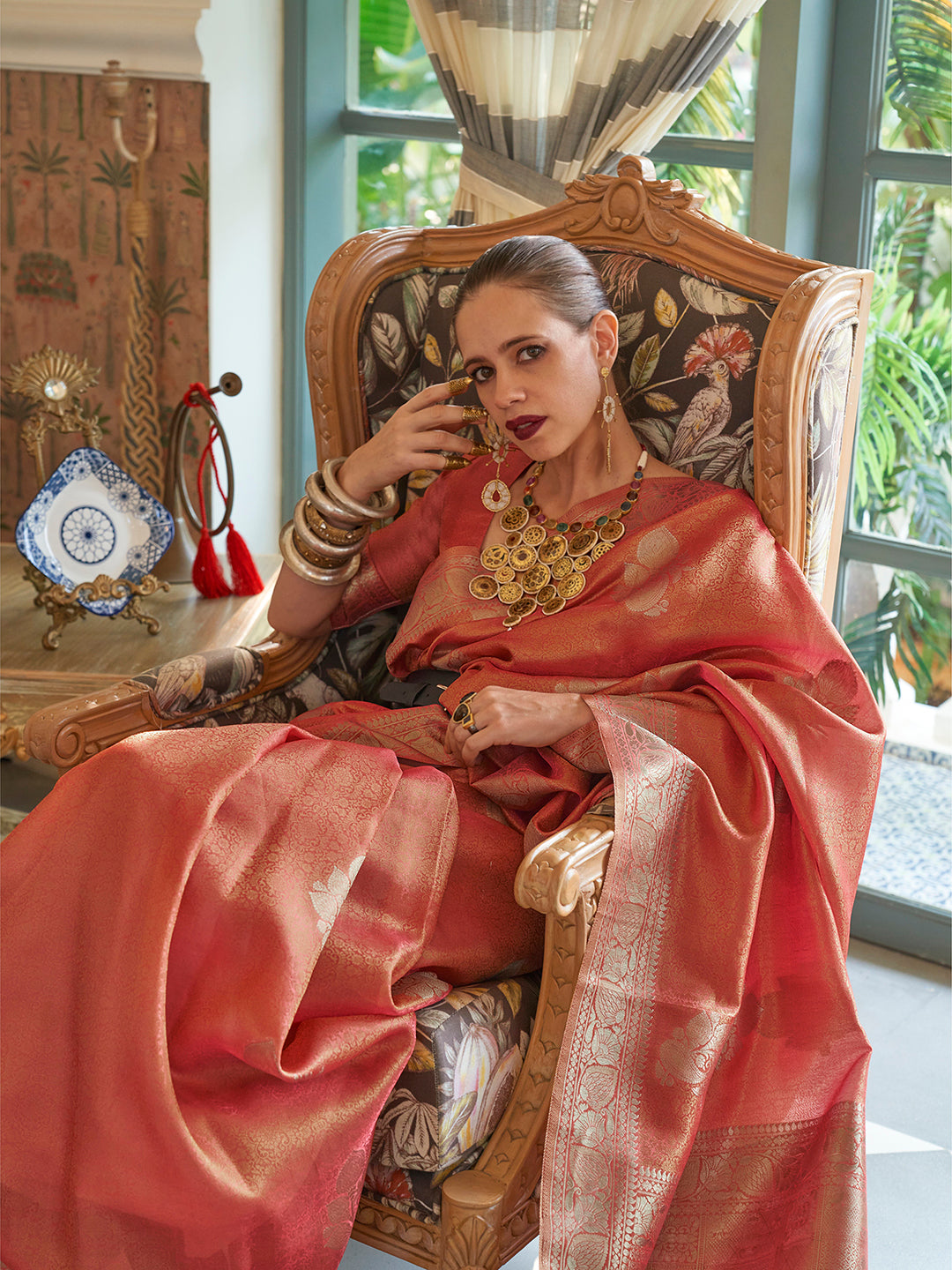 Silk Blend Rust Woven Design Designer Saree With Blouse