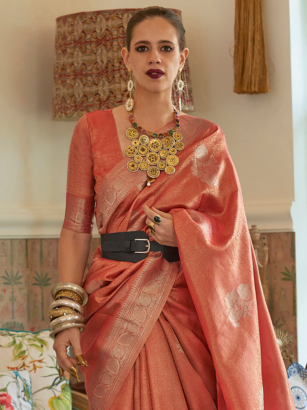 Silk Blend Rust Woven Design Designer Saree With Blouse