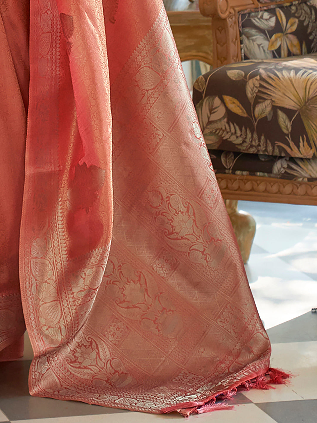 Silk Blend Rust Woven Design Designer Saree With Blouse