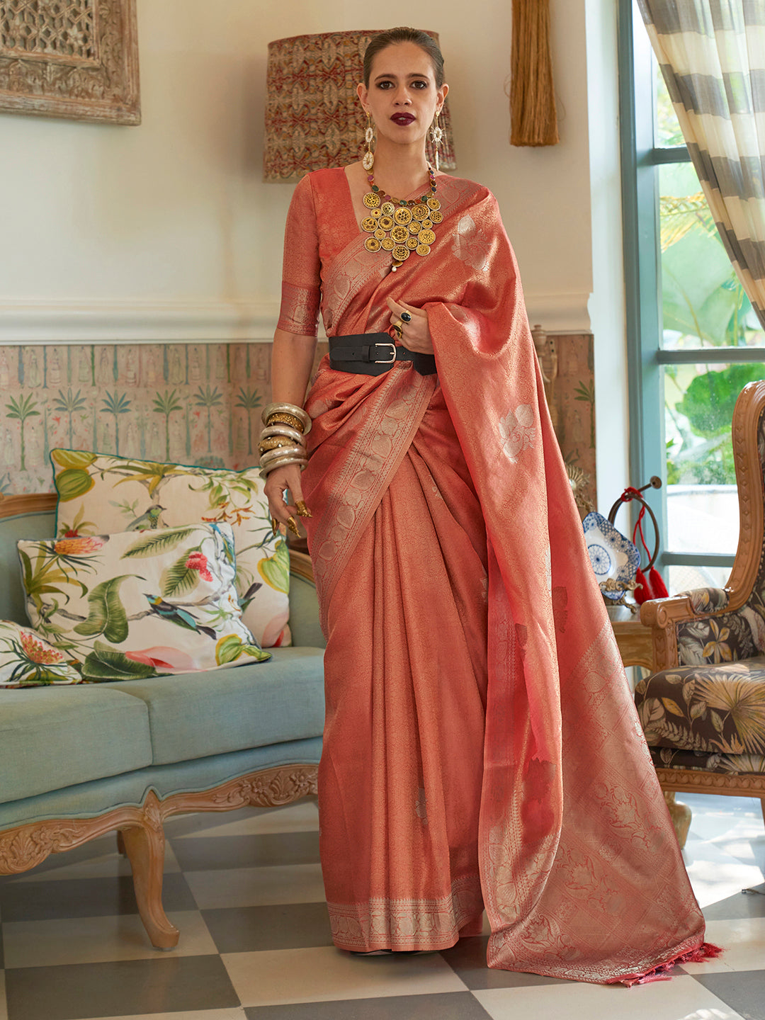 Silk Blend Rust Woven Design Designer Saree With Blouse