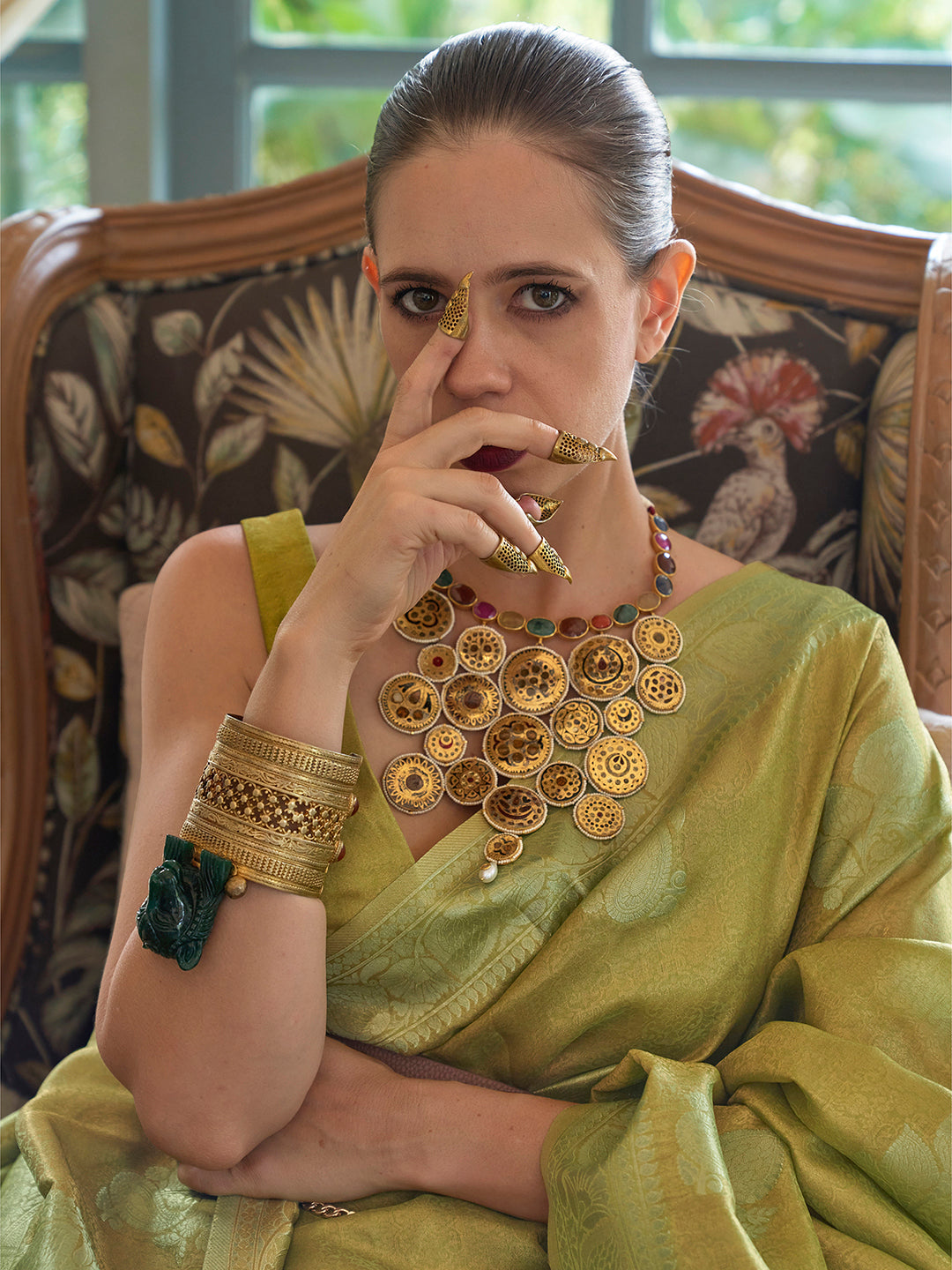 Silk Blend Olive Woven Design Designer Saree With Blouse