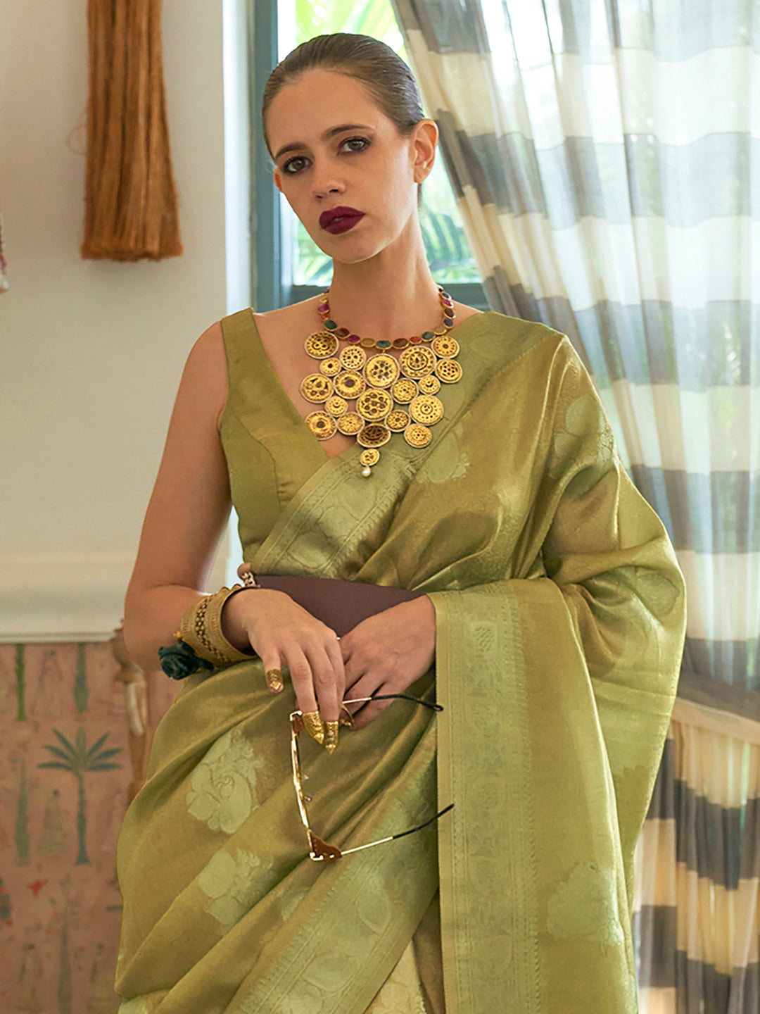 Silk Blend Olive Woven Design Designer Saree With Blouse