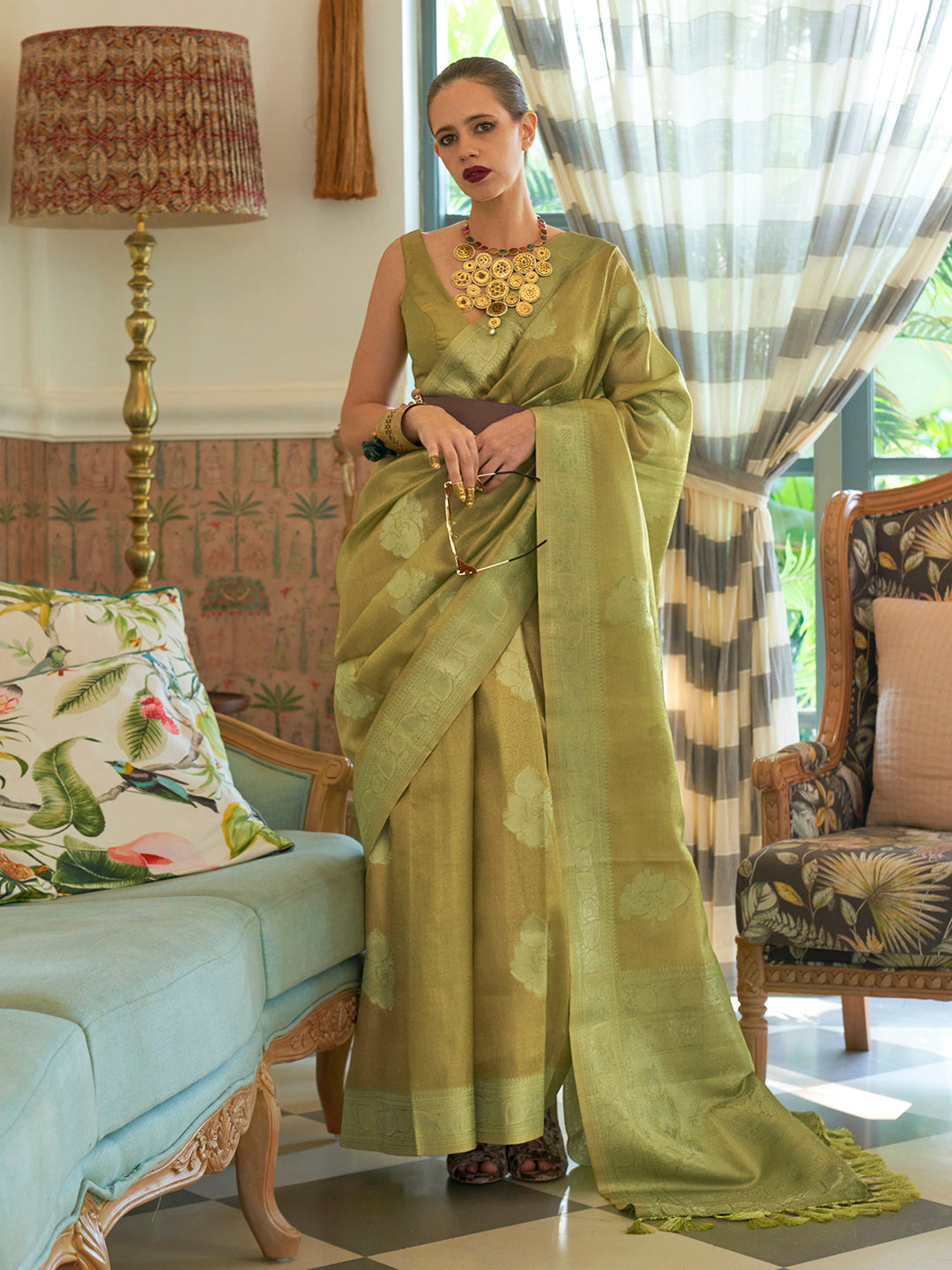 Silk Blend Olive Woven Design Designer Saree With Blouse
