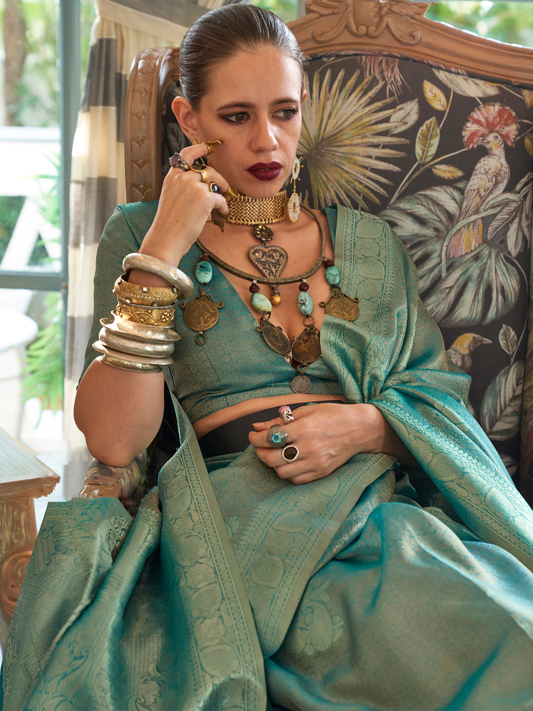 Silk Blend Sea Green Woven Design Designer Saree With Blouse