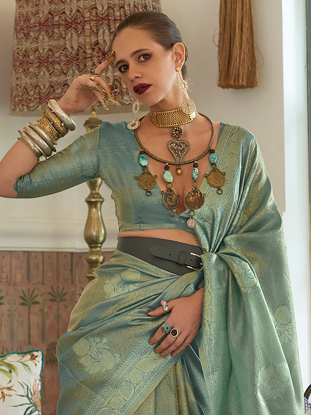 Silk Blend Sea Green Woven Design Designer Saree With Blouse