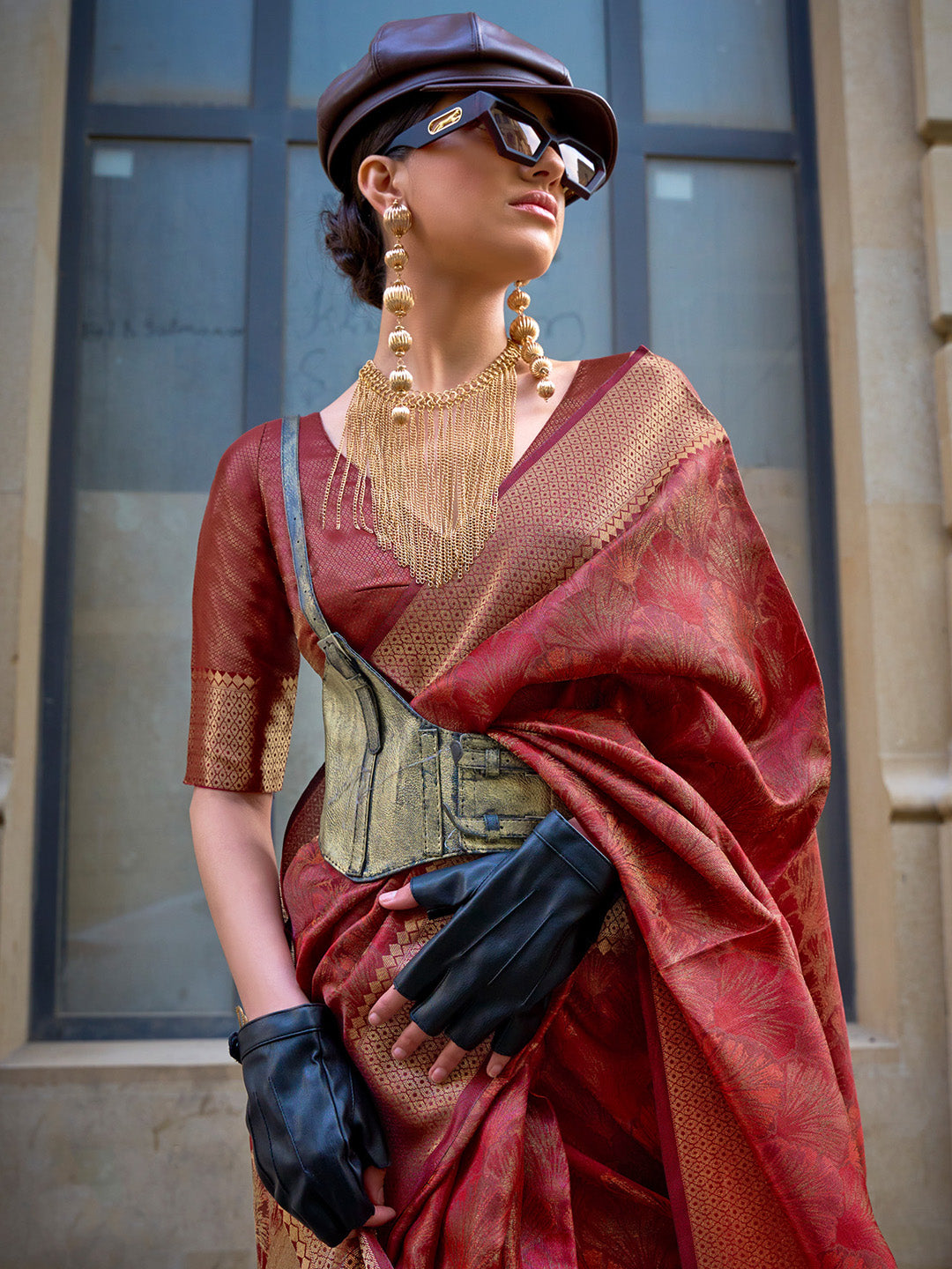 Organza Maroon Woven Design Designer Saree With Blouse