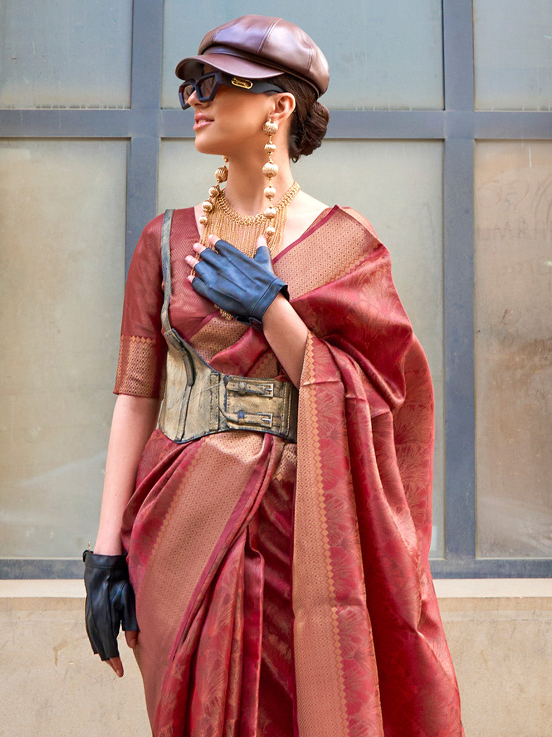 Organza Maroon Woven Design Designer Saree With Blouse