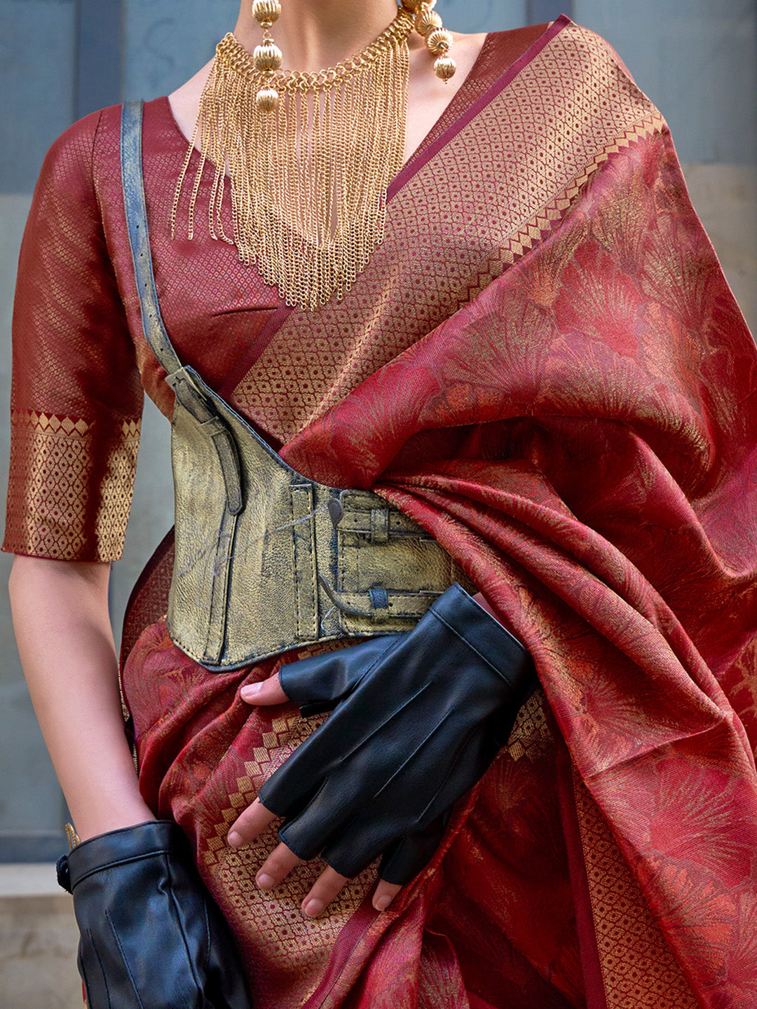 Organza Maroon Woven Design Designer Saree With Blouse