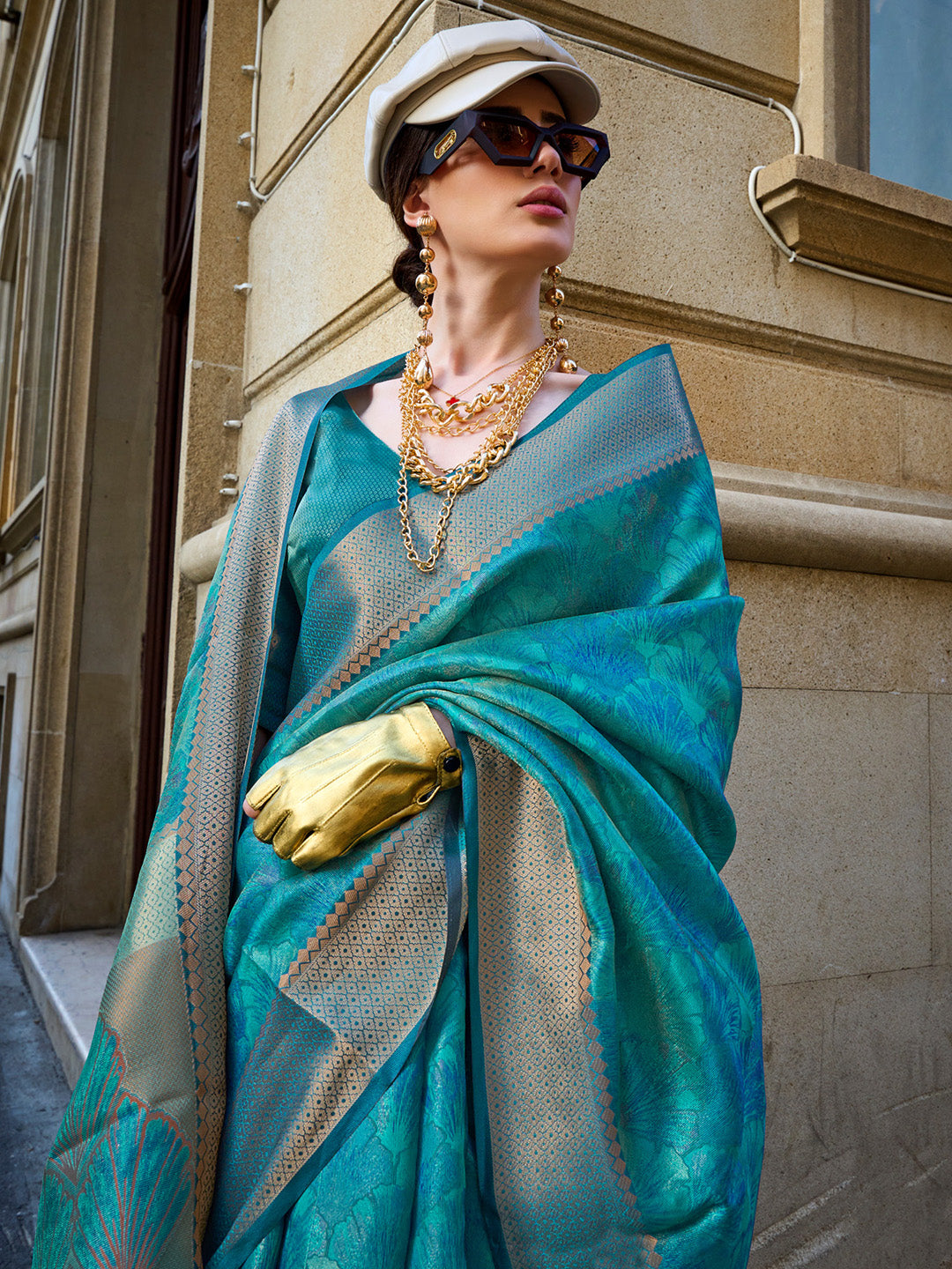 Organza Teal blue Woven Design Designer Saree With Blouse