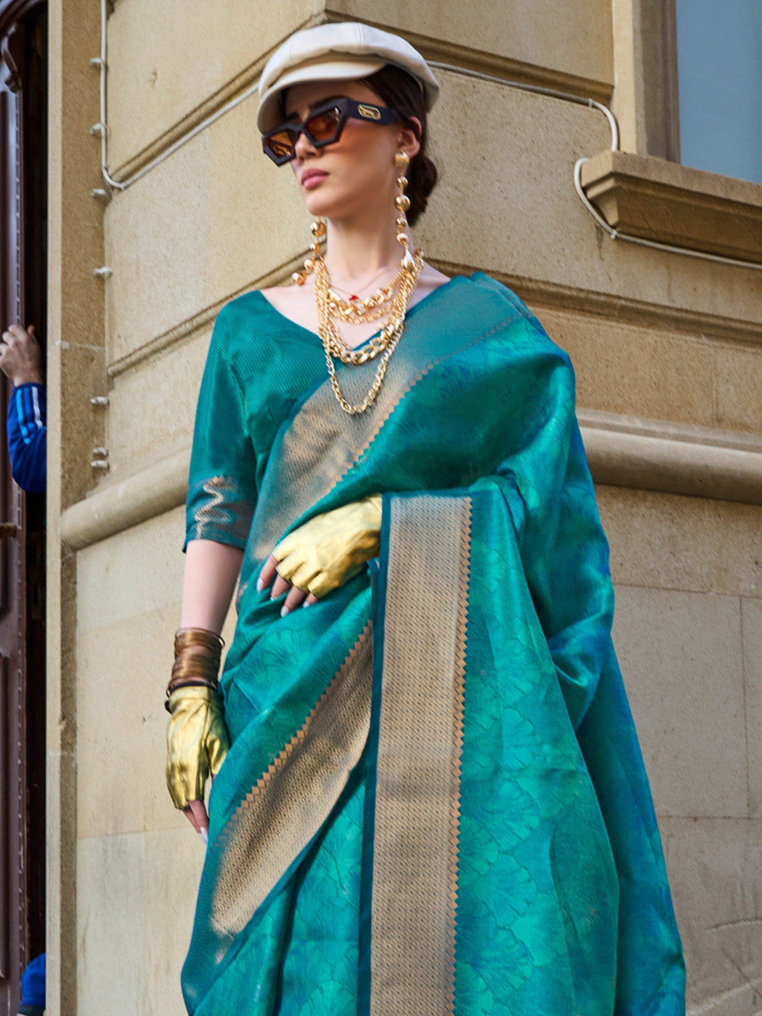 Organza Teal blue Woven Design Designer Saree With Blouse