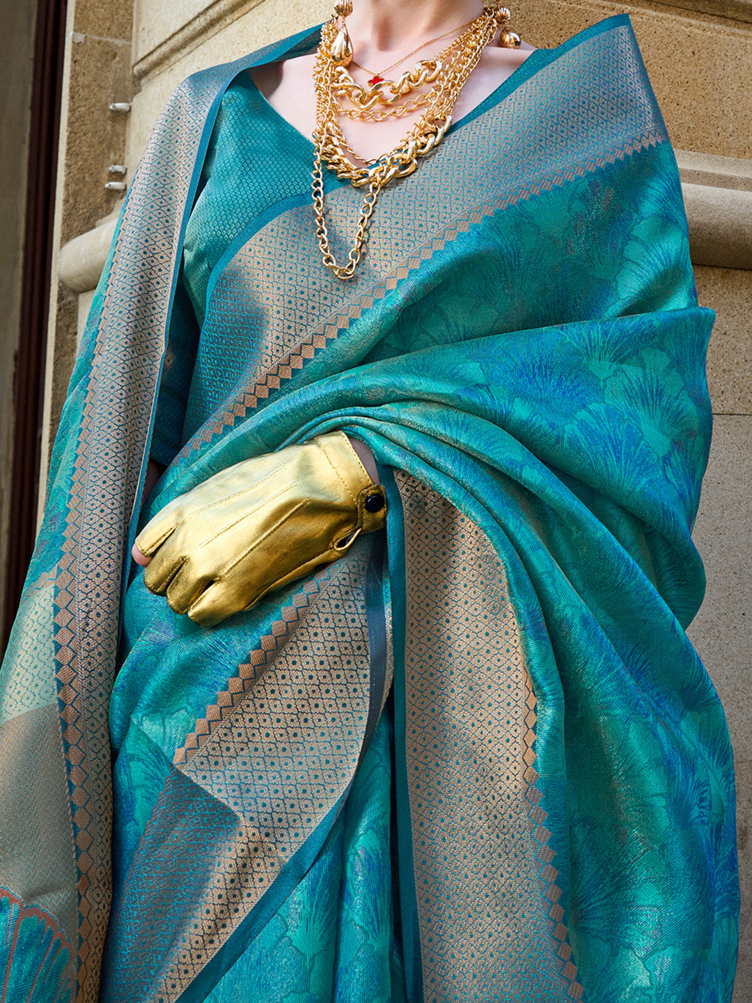 Organza Teal blue Woven Design Designer Saree With Blouse