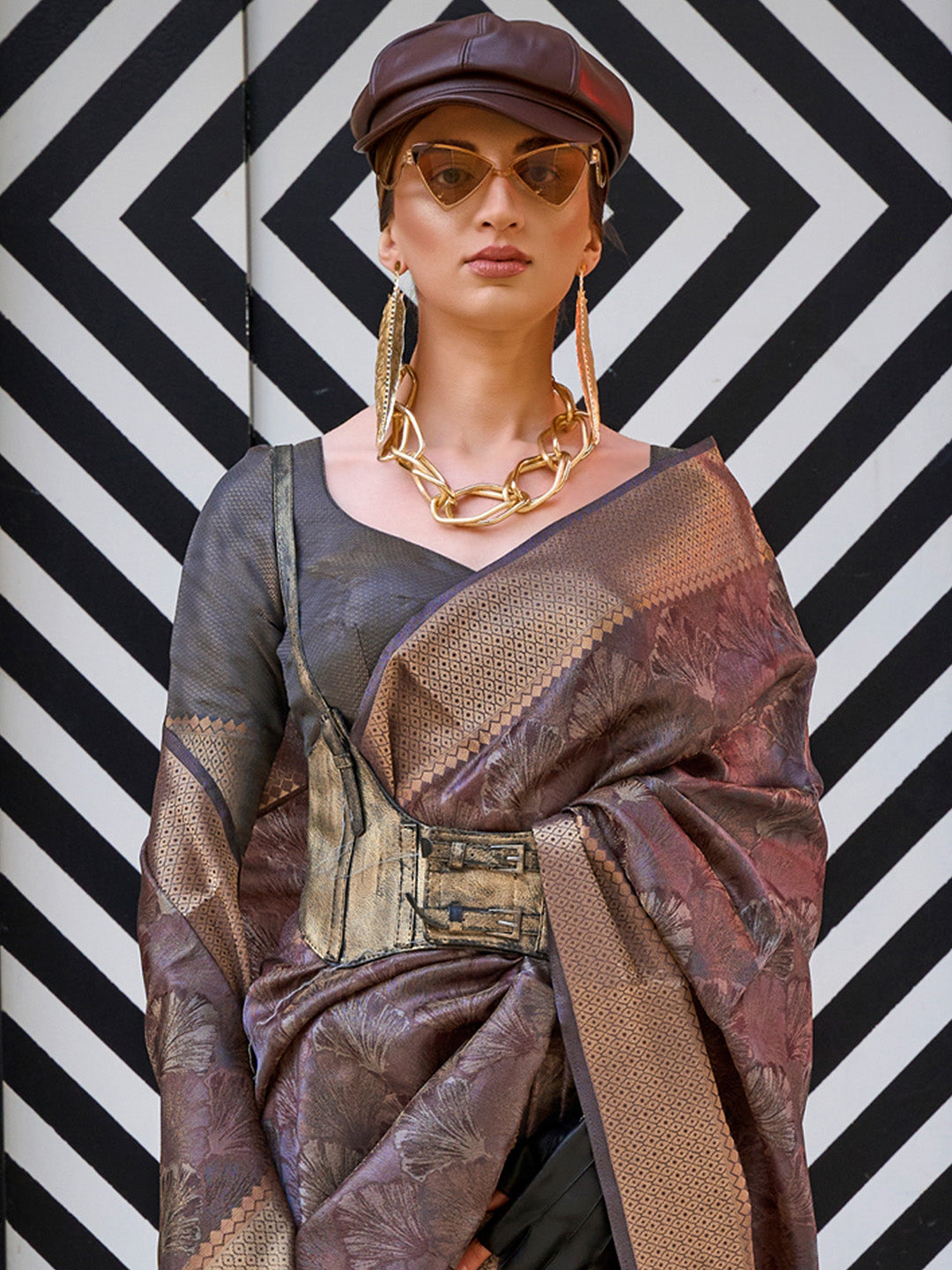 Organza Charcoal Grey Woven Design Designer Saree With Blouse