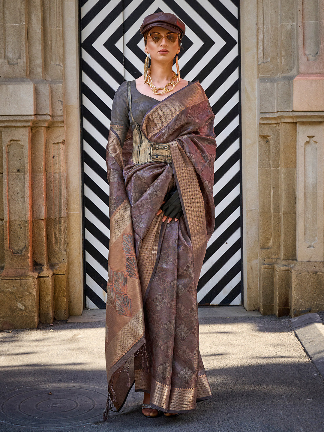 Organza Charcoal Grey Woven Design Designer Saree With Blouse