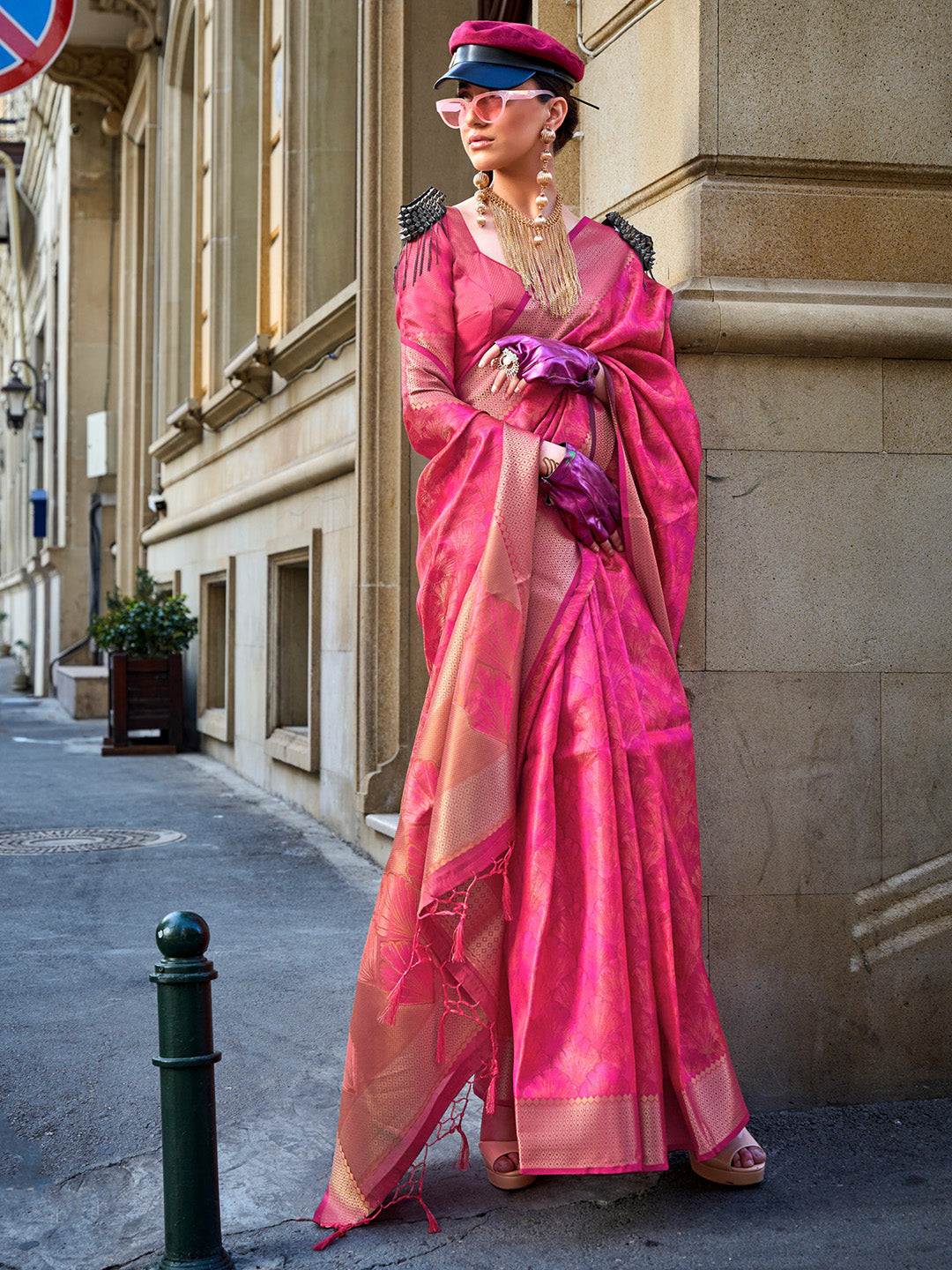 Organza Pink Woven Design Designer Saree With Blouse