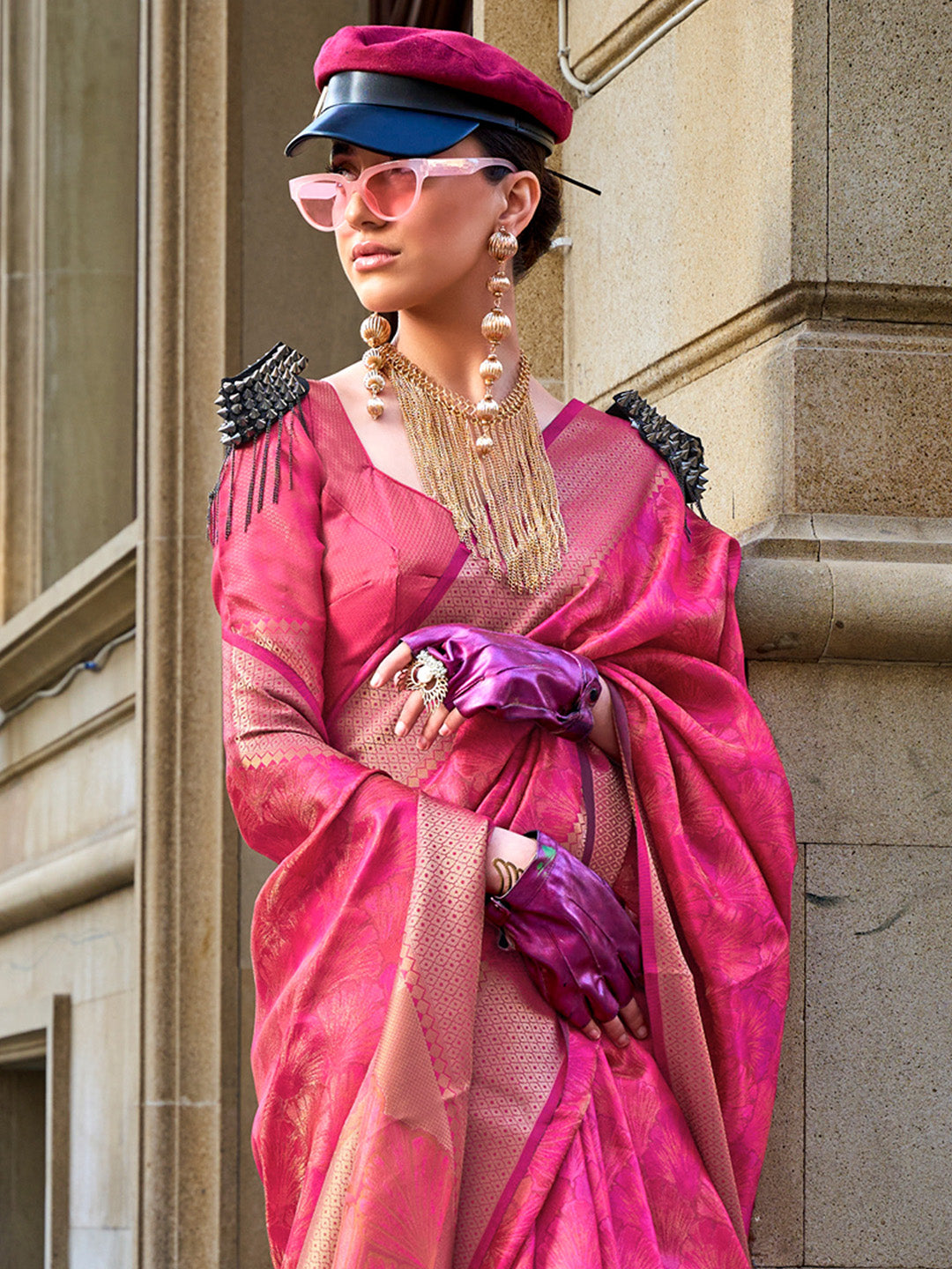 Organza Pink Woven Design Designer Saree With Blouse