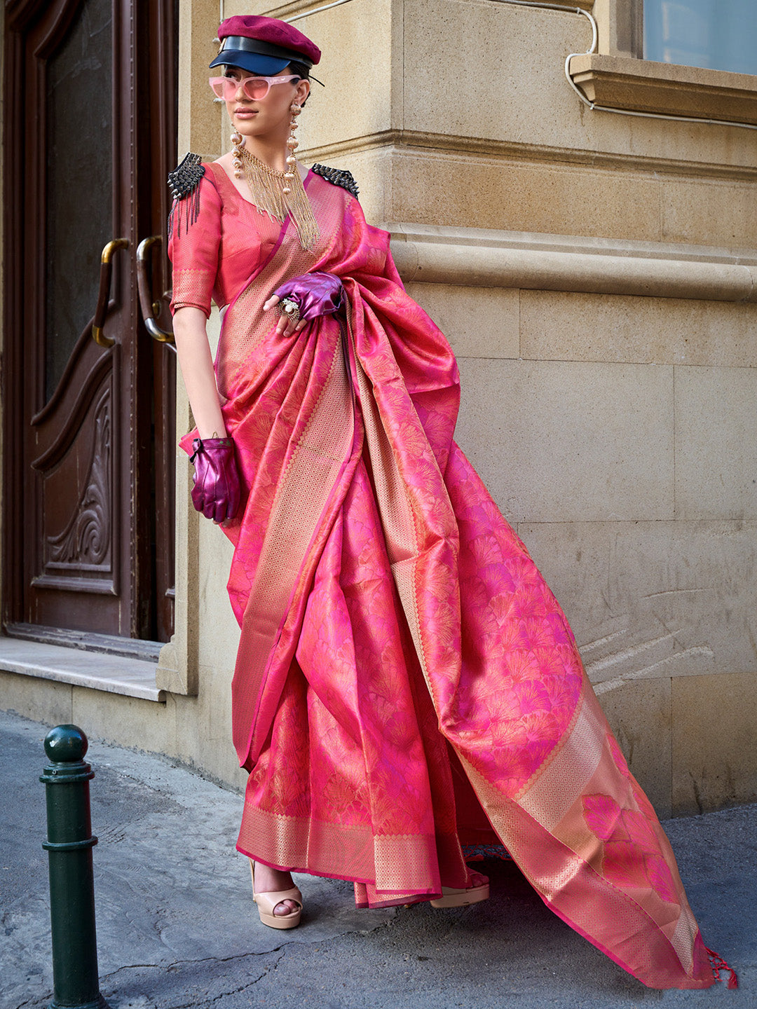 Organza Pink Woven Design Designer Saree With Blouse