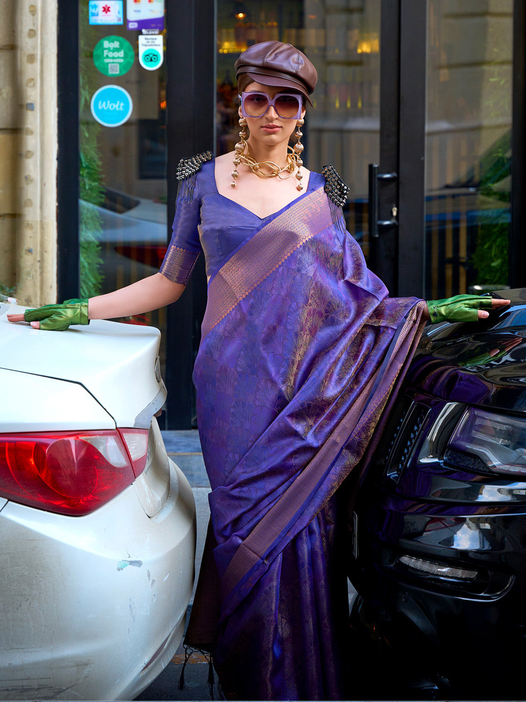 Organza Lavendar Woven Design Designer Saree With Blouse