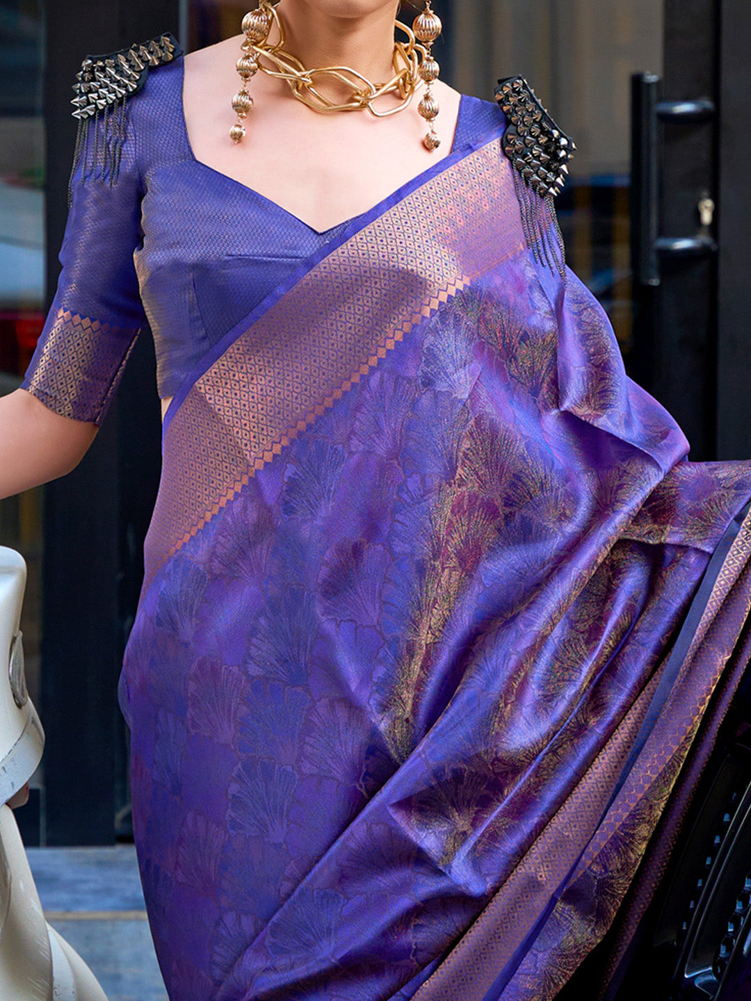 Organza Lavendar Woven Design Designer Saree With Blouse