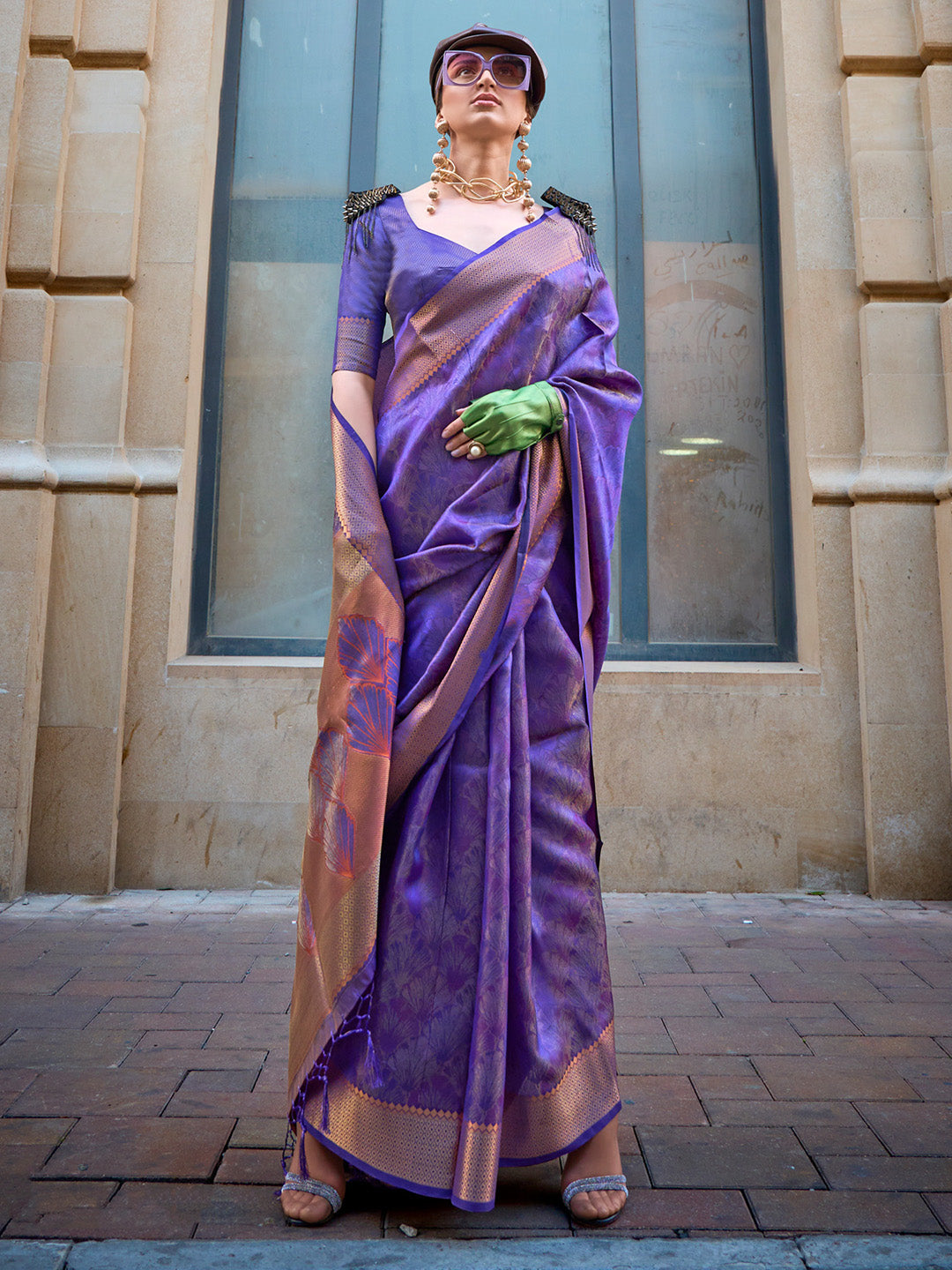 Organza Lavendar Woven Design Designer Saree With Blouse