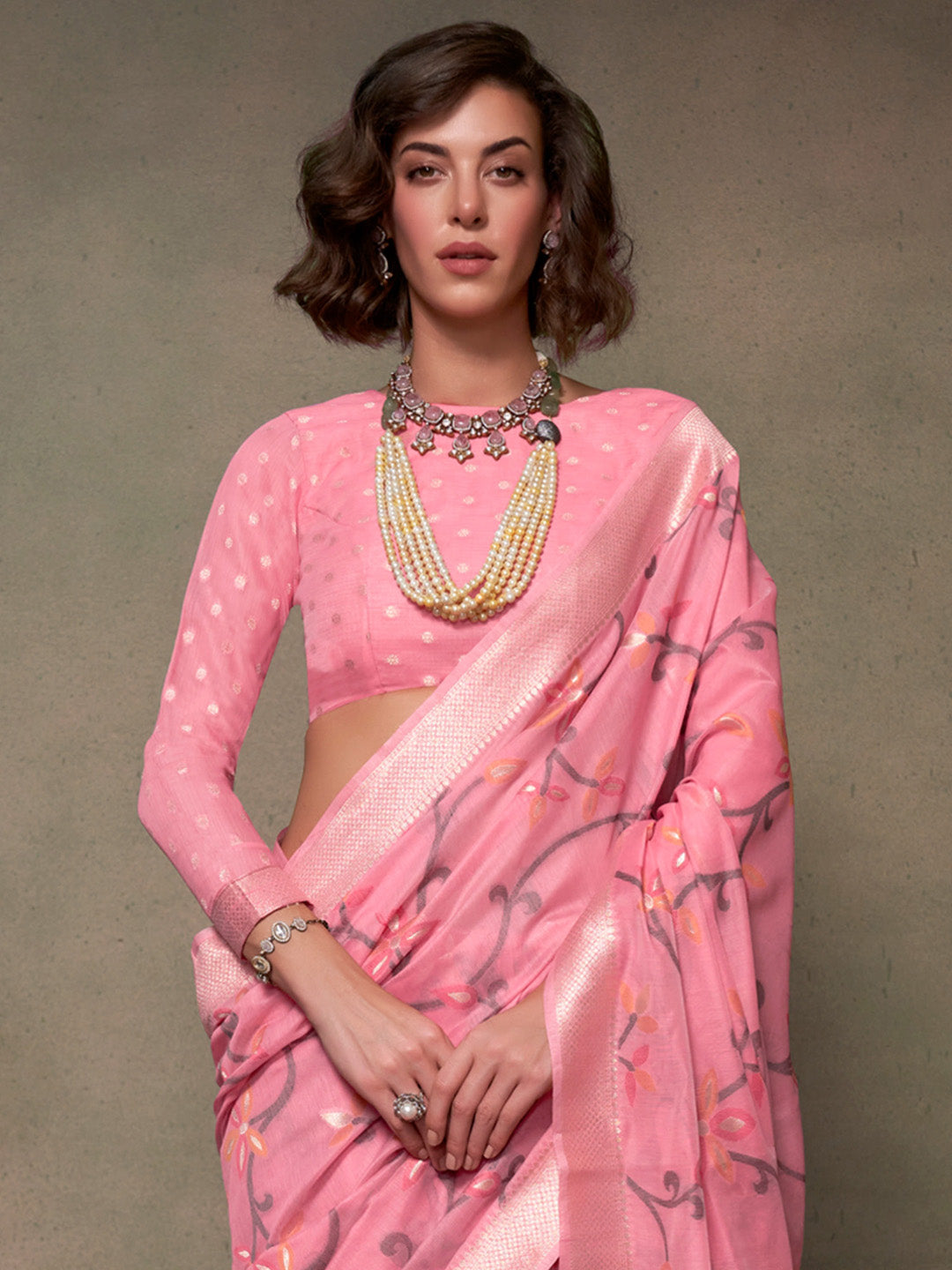 Silk Blend Pink Woven Design Designer Saree With Blouse