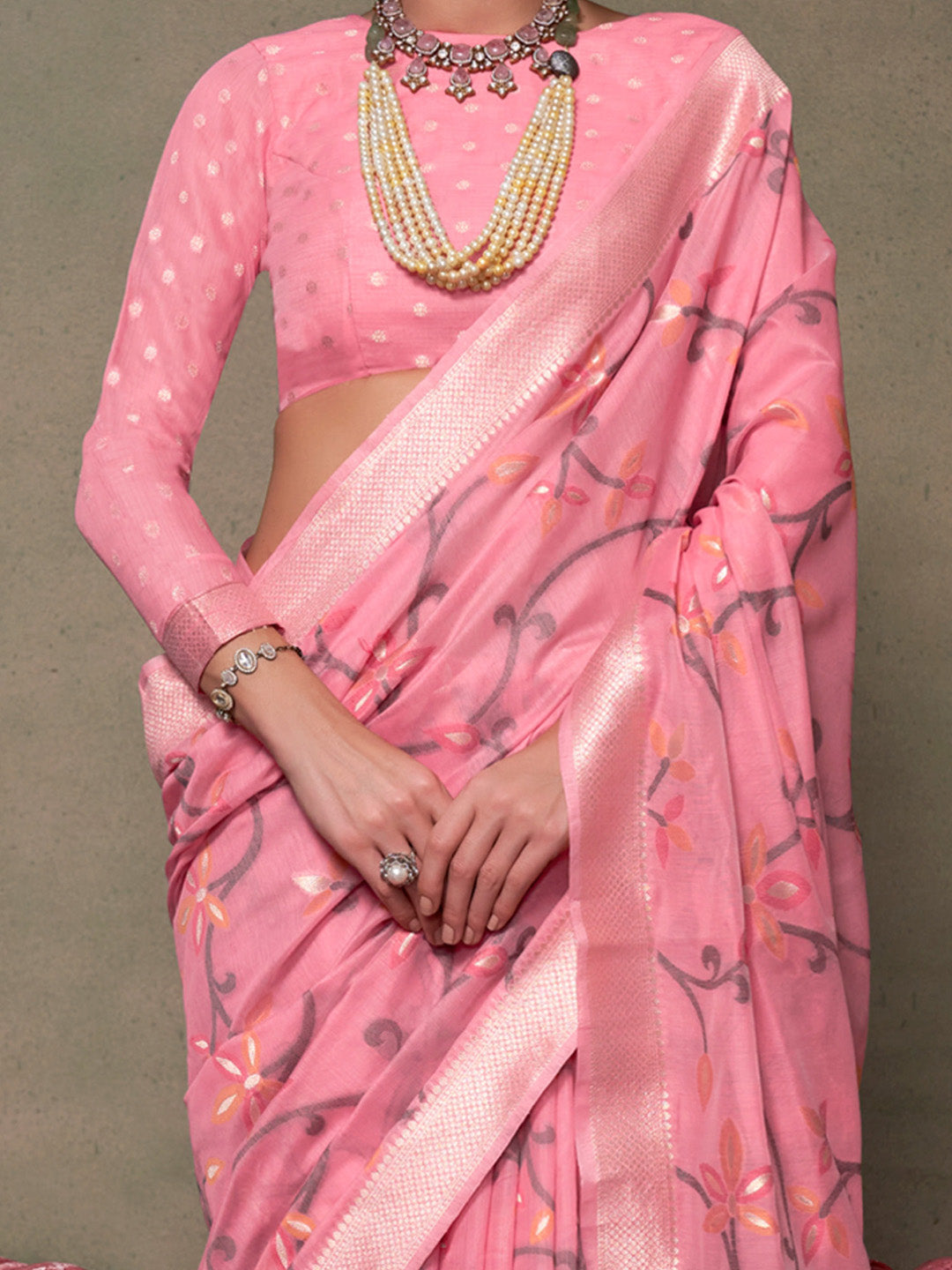 Silk Blend Pink Woven Design Designer Saree With Blouse