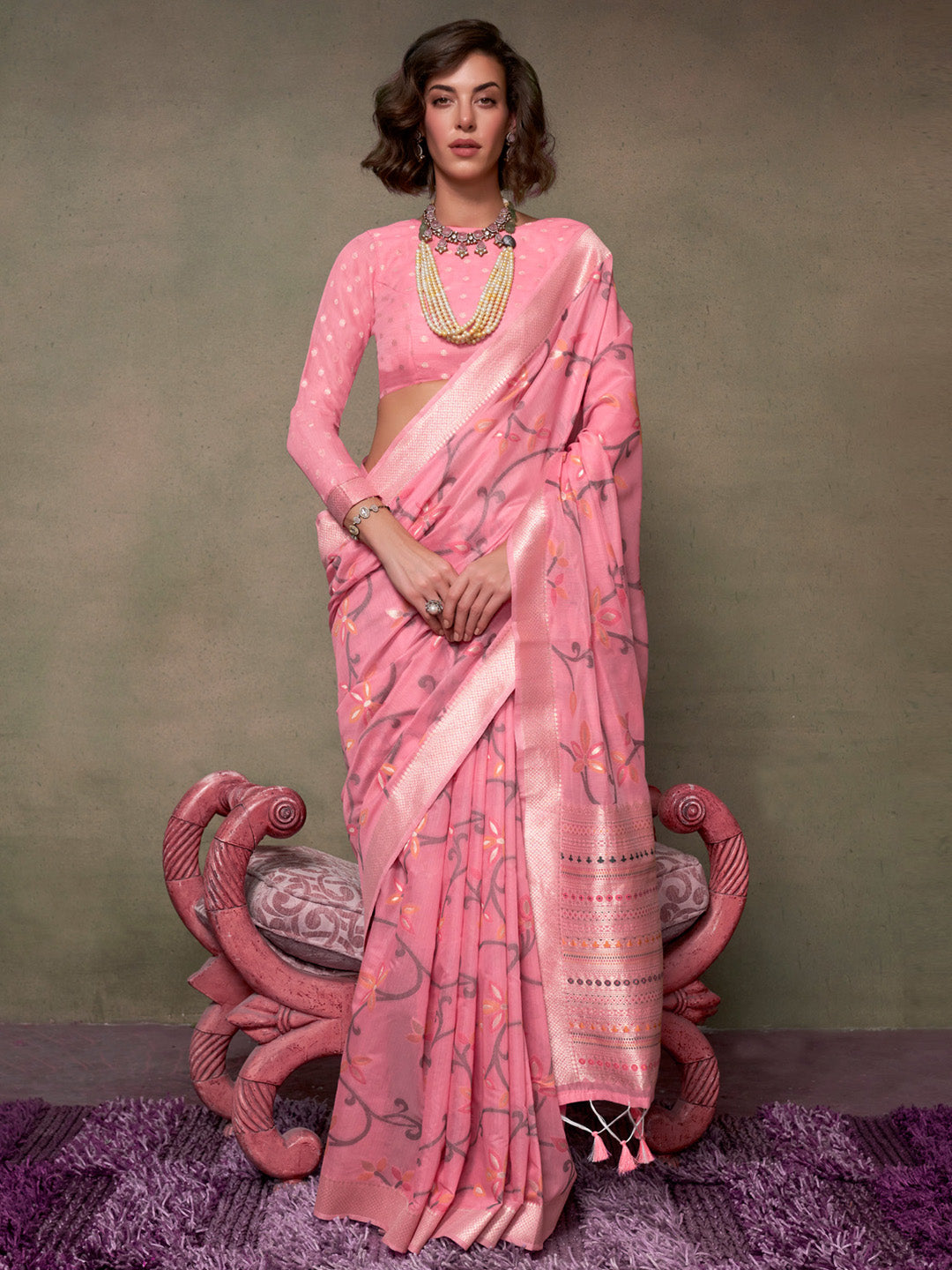 Silk Blend Pink Woven Design Designer Saree With Blouse