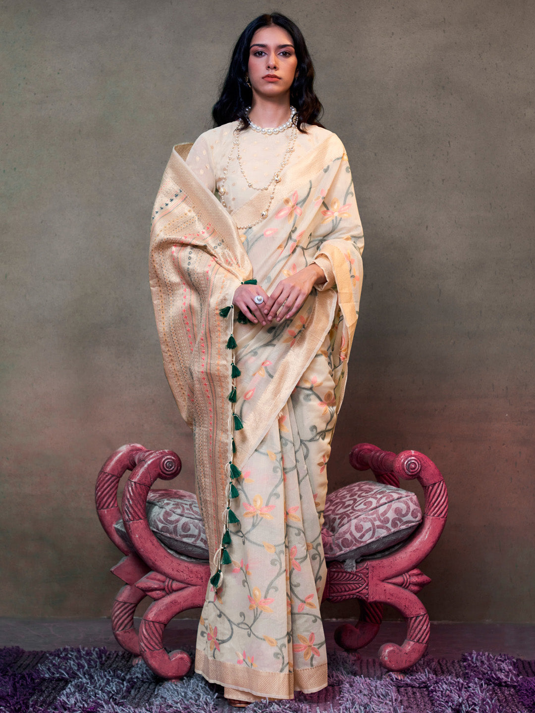 Silk Blend Cream Woven Design Designer Saree With Blouse