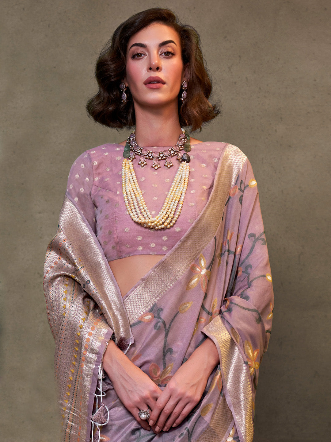 Silk Blend Lavendar Woven Design Designer Saree With Blouse