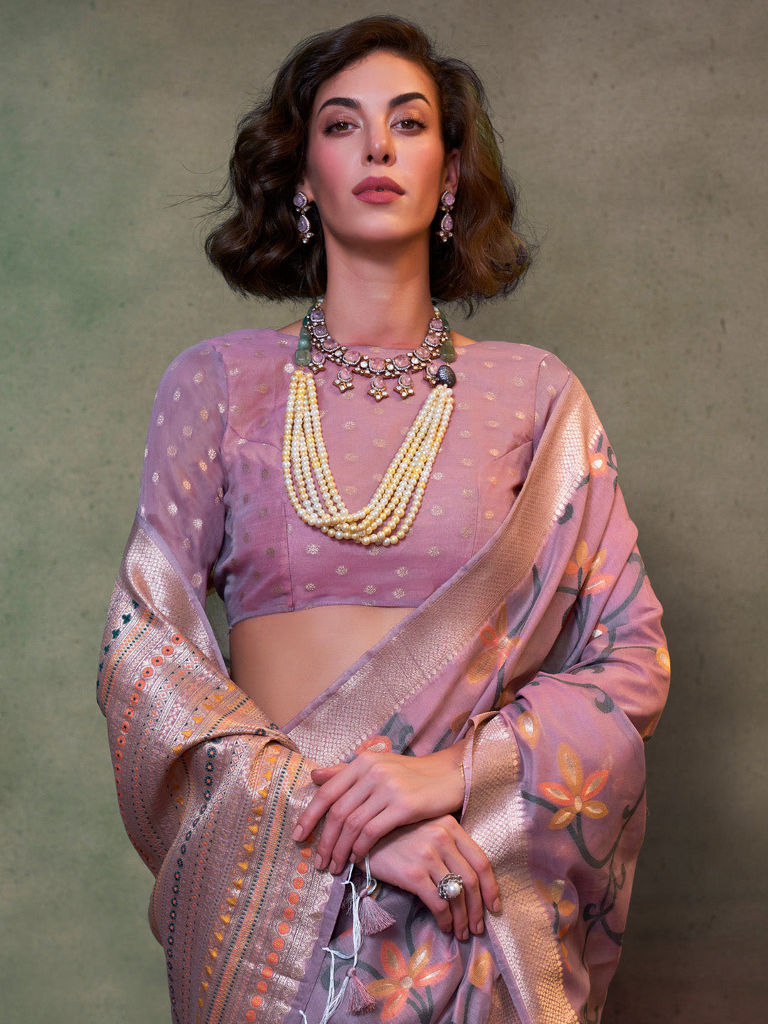 Silk Blend Lavendar Woven Design Designer Saree With Blouse