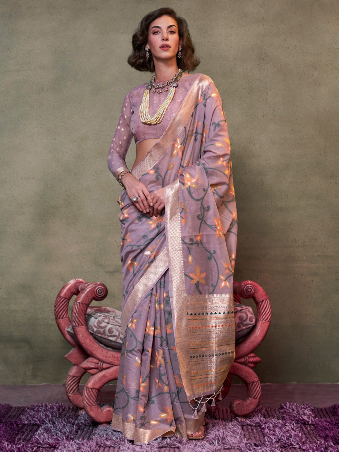 Silk Blend Lavendar Woven Design Designer Saree With Blouse