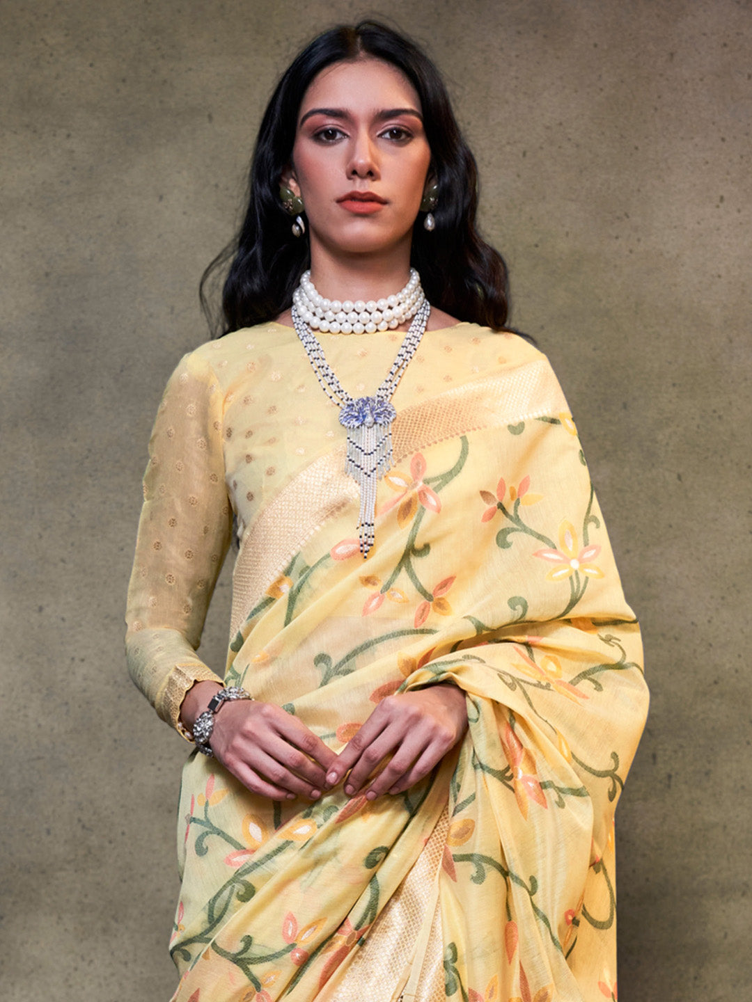 Silk Blend Yellow Woven Design Designer Saree With Blouse