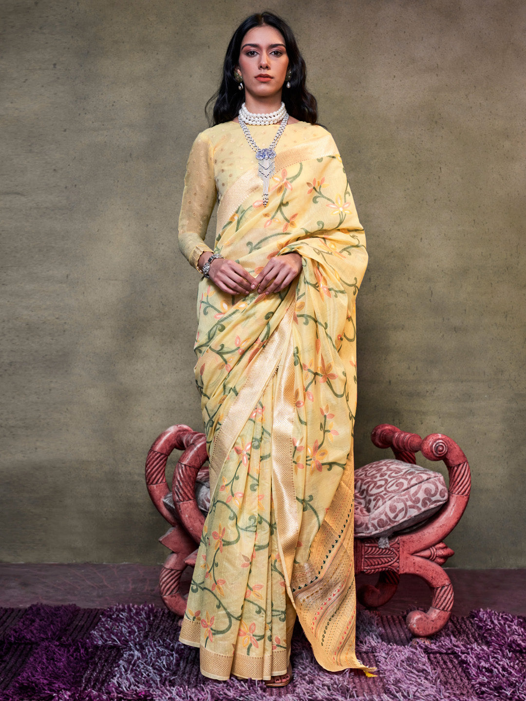 Silk Blend Yellow Woven Design Designer Saree With Blouse