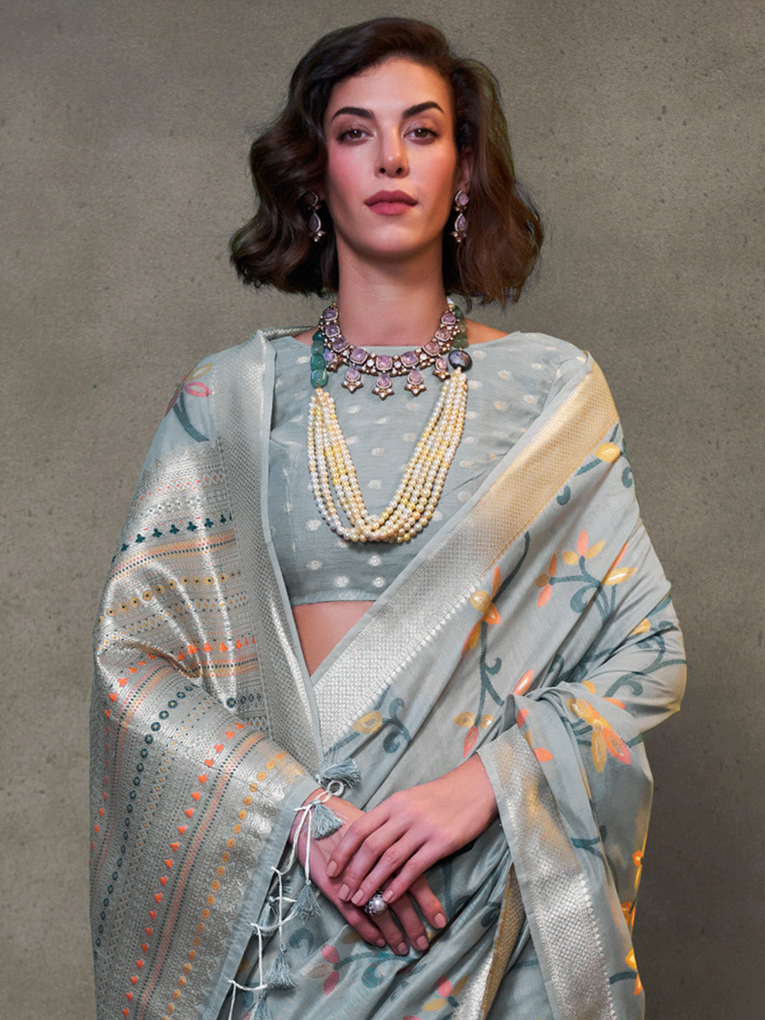 Silk Blend Grey Woven Design Designer Saree With Blouse