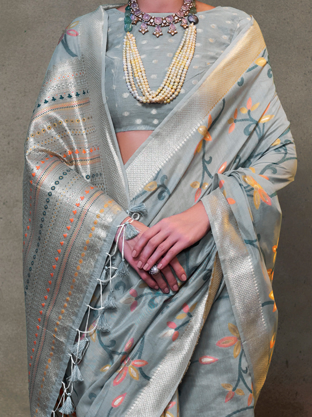 Silk Blend Grey Woven Design Designer Saree With Blouse