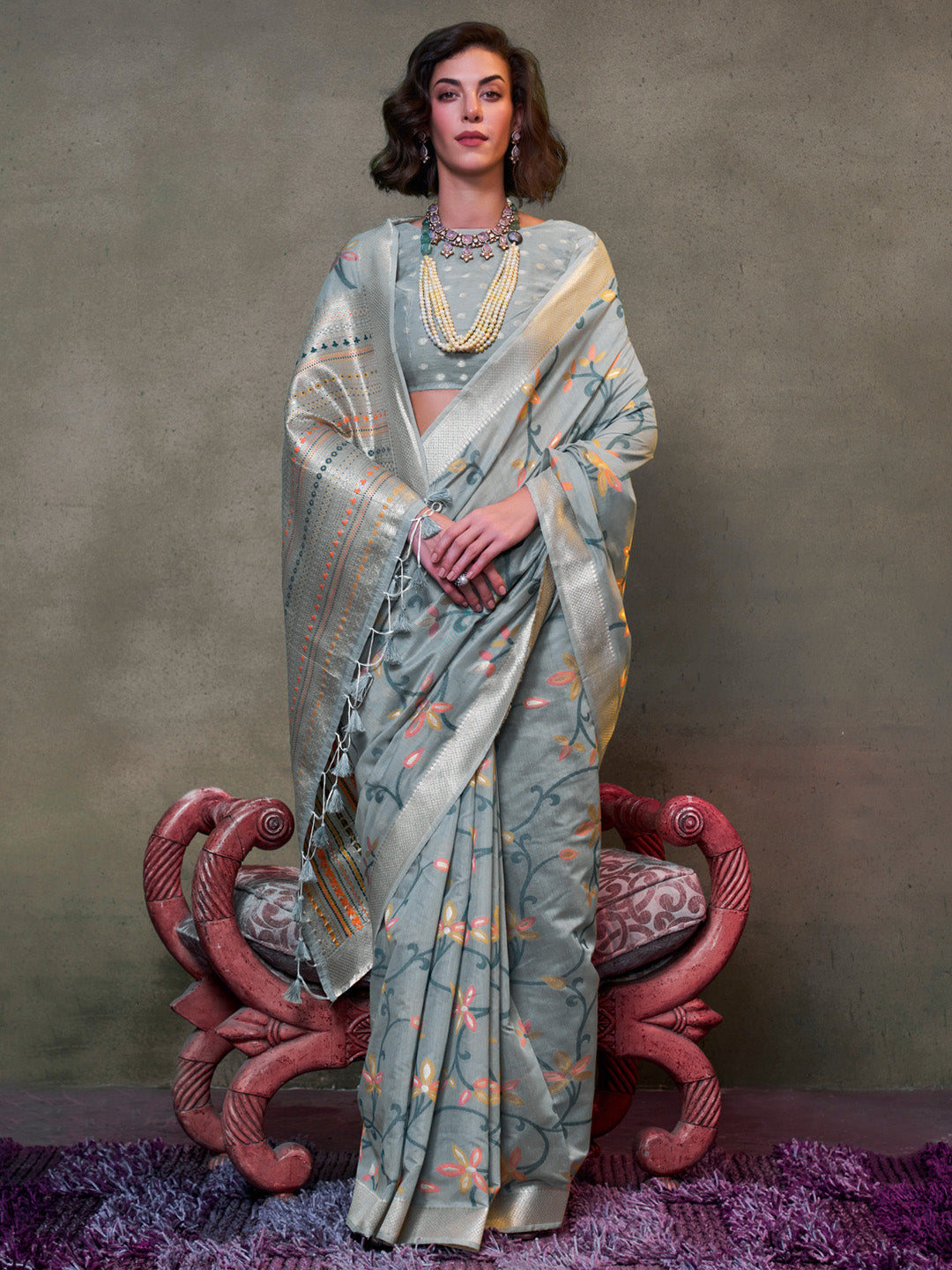 Silk Blend Grey Woven Design Designer Saree With Blouse