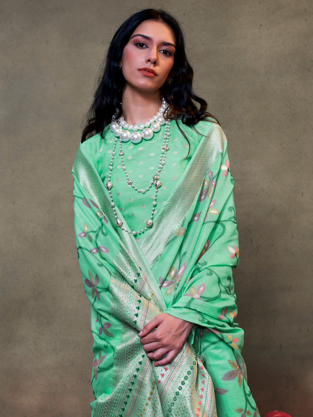 Silk Blend Sea Green Woven Design Designer Saree With Blouse