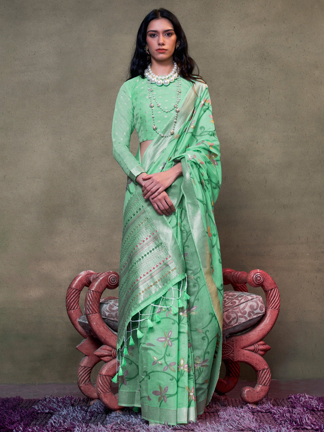 Silk Blend Sea Green Woven Design Designer Saree With Blouse