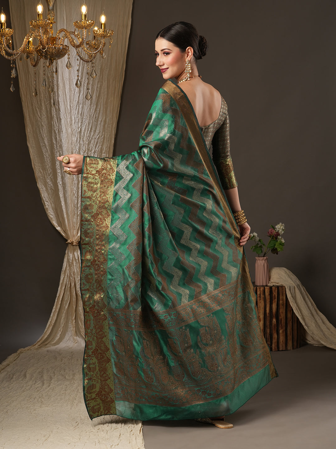 Silk Blend Teal green Woven Design Designer Saree With Blouse