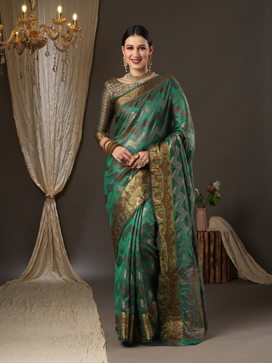 Silk Blend Teal green Woven Design Designer Saree With Blouse