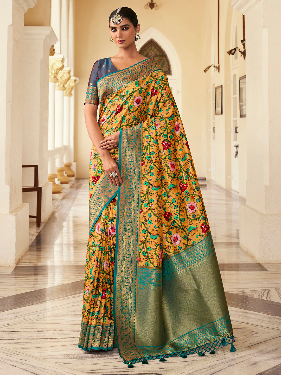 Satin Silk Yellow Woven Design Designer Saree With Blouse
