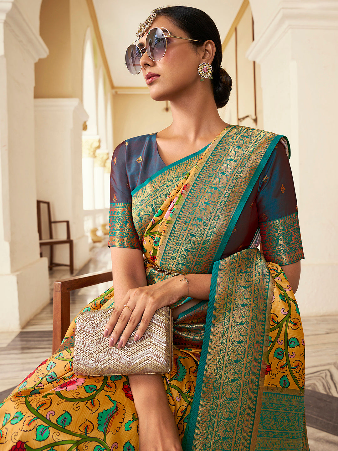 Satin Silk Yellow Woven Design Designer Saree With Blouse
